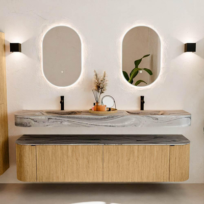 MONDIAZ THOR-DLUX Meuble de salle de bains 190cm arrondi gauche + droite couleur Oak avec 2 tiroirs et 2 portes. Vasque suspendue CLOUD Double 2 trous de robinet couleur Sombra.