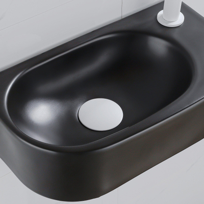 QeramiQ Fuente Fonteinset - 40x21.5x12cm - rechts - glad - halfrond - 1 kraangat - keramiek - fonteinkraan wit mat - afvoerplug - verlaagd sifon - zwart mat