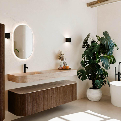 MONDIAZ THOR-DLUX 160cm meuble de salle de bains arrondi gauche + droite couleur Walnut avec 1 tiroir et 2 portes. Vasque suspendue CLOUD Gauche 1 trou de robinet couleur Saba.