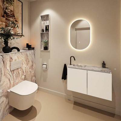 MONDIAZ TURE-DLUX Meuble toilette - 80cm - Talc - EDEN - vasque Glace - position gauche - 1 trou de robinet
