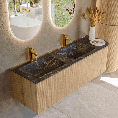 MONDIAZ KURVE-DLUX 145cm badmeubel met module 25 R kleur Oak met 1 lade en 1 deur. Wastafel LEAF dubbel / links 2 kraangaten kleur Lava.