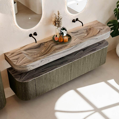 MONDIAZ THOR-DLUX Meuble de salle de bains - 190cm - arrondi gauche + droite - couleur Shadow - 2 tiroirs et 2 portes - Vasque suspendue CLOUD Double sans trou de robinet - couleur Sombra