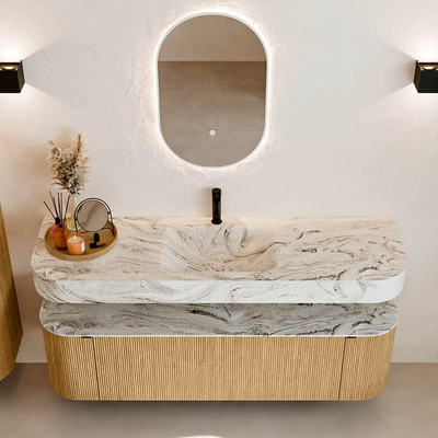 MONDIAZ THOR-DLUX 160cm badmeubel ronding links + rechts kleur Oak met 1 lade en 2 deuren. Vrijhangende wastafel CLOUD Midden 1 kraangat kleur Glace.