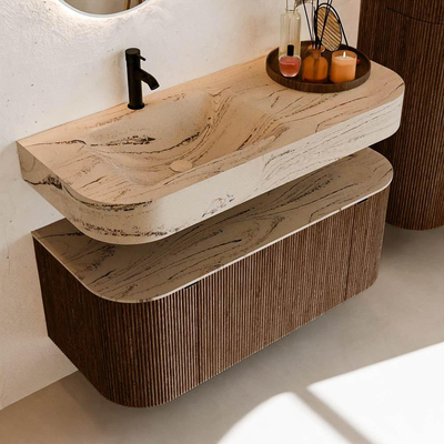 MONDIAZ THOR-DLUX 110cm badmeubel ronding links + rechts kleur Walnut met 1 lade en 2 deuren. Vrijhangende wastafel CLOUD Links 1 kraangat kleur Arena.