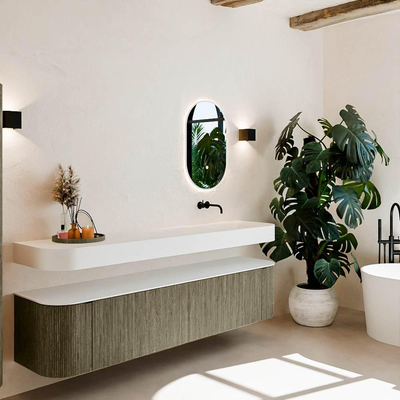 MONDIAZ THOR Meuble de salle de bains 200cm arrondi gauche + droite couleur Shadow avec 2 tiroirs et 2 portes. Vasque suspendue CLOUD Droite sans trou de robinet couleur Talc.