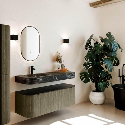 MONDIAZ THOR-DLUX Meuble de salle de bains 130cm arrondi gauche + droite couleur Shadow avec 1 tiroir et 2 portes. Vasque suspendue CLOUD Gauche 1 trou de robinet couleur Lava.