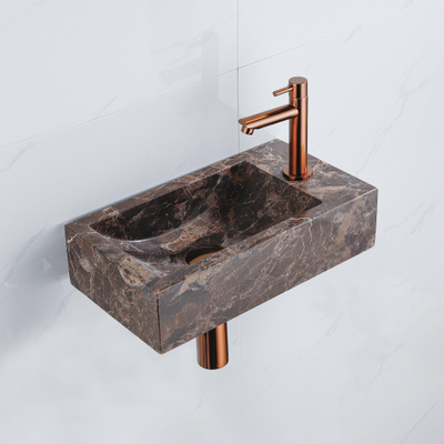 FugaFlow Efficiente Pietra Ensemble lave-mains - 40x22x10cm - trou de robinet à droite - robinet de lave-mains cuivre brossé PVD - bouchon de vidange - siphon abaissé - Dark Emporador