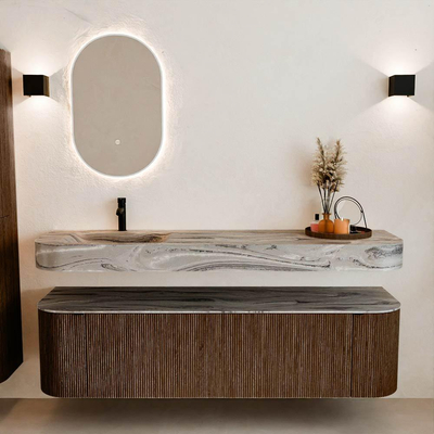 MONDIAZ THOR-DLUX 170cm badmeubel ronding links + rechts kleur Walnut met 1 lade en 2 deuren. Vrijhangende wastafel CLOUD Links 1 kraangat kleur Sombra.