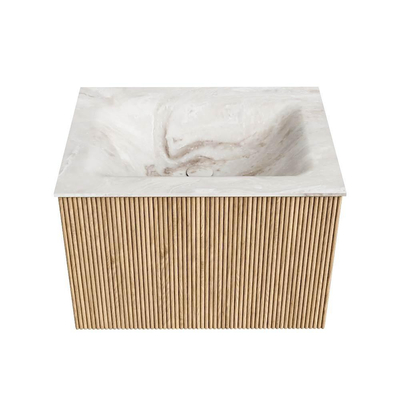 MONDIAZ KURVE-DLUX Meuble de salle de bains 60 cm couleur Oak avec 1 tiroir. Lavabo CLOUD central sans trou de robinetterie couleur Frappe.