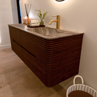 Mondiaz CIRO-DLUX Badkamermeubelset - 140x45x50cm - Solid surface wastafel Sombra - 1 wasbak Rechts - 1 kraangat - 4 lades - Ruby