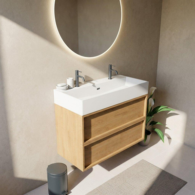 Saniclass Holz Frame Ensemble meuble de salle de bains - 100x45x72cm - vasque Legend en céramique blanc mat - 1 vasque - 2 trous de robinetterie - 2 tiroirs - chêne natural mat (bois)