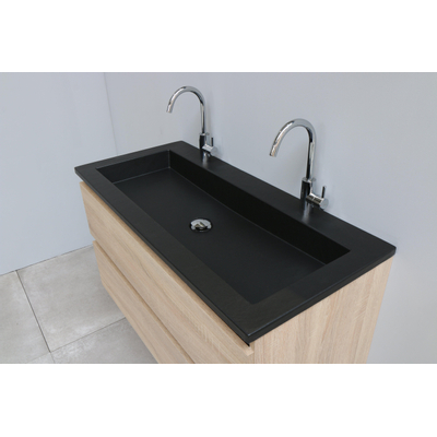 Basic Bella Meuble salle de bains avec lavabo acrylique Noir avec miroir 100x55x46cm 2 trous de robinet Chêne