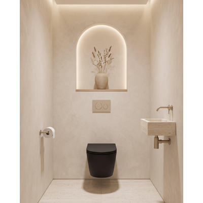 QeramiQ Dely Toiletset - 36.3x51.7cm - Geberit UP720 inbouwreservoir - rimless - diepspoel - 35mm zitting - softclose - bedieningsplaat taupe - ronde knoppen - mat zwart