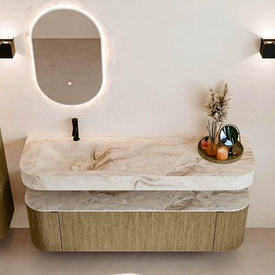 MONDIAZ THOR-DLUX Meuble de salle de bains 160cm arrondi gauche + droite couleur Dusk avec 1 tiroir et 2 portes. Vasque suspendue CLOUD Gauche 1 trou de robinet couleur Frappe.