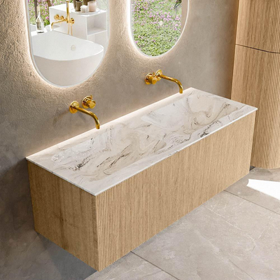 MONDIAZ KURVE-DLUX 120cm Meuble salle de bain - couleur Oak - 1 tiroir - vasque LEAF double - sans trou de robinet - couleur Glace