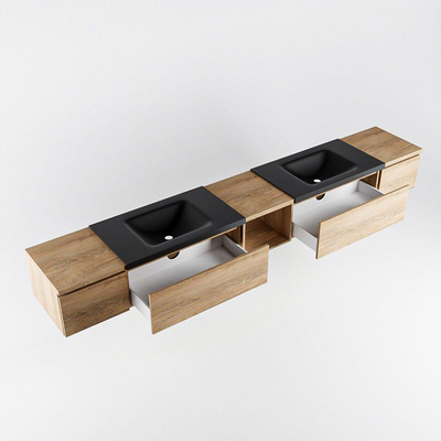 MONDIAZ BUKLA 280cm badmeubel met open module 40 midden kleur Washed Oak met 4 lades. Wastafel CLOUD dubbel 0 kraangaten kleur Urban.