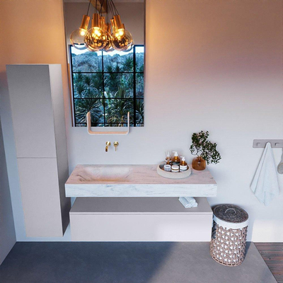 Mondiaz ALAN-DLUX Ensemble de meuble - 130cm - meuble Cale mat - 1 tiroir - Lavabo Cloud Opalo suspendu - vasque Gauche - 0 trous de robinet