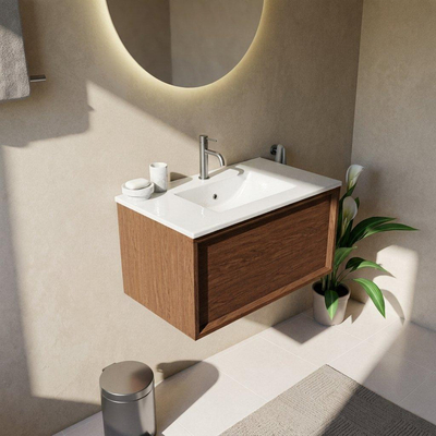 Saniclass Holz Frame Ensemble meuble de salle de bains - 80x45x42cm - lavabo Vygo en céramique blanc - 1 vasque - 1 trou de robinetterie - 1 tiroir - noyer pure mat (bois)