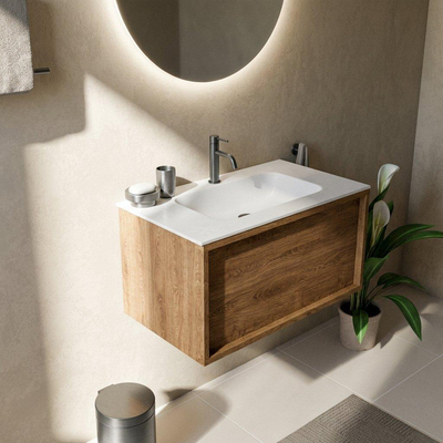 Saniclass Holz Frame Ensemble de meuble de salle de bains - 80x45x41.5cm - Flow vasque en solid surface blanc - 1 lavabo - 1 trou de robinet - 1 tiroir - chêne natural mat (bois)