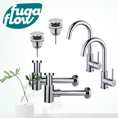 FugaFlow Eccelente Sobrado Kit robinet lavabo - pour double vasque - robinet haut - bec rotatif - bonde clic clac - siphon design bas - Chrome brillant