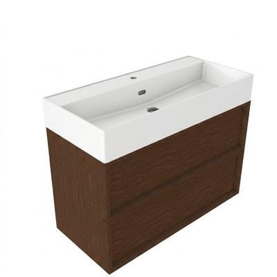 Saniclass Holz Frame Ensemble de meubles de salle de bains - 100x45x72cm - Legend lavabo en céramique blanc mat - 1 vasque - 1 trou de robinet - 2 tiroirs - noyer pur mat (bois)