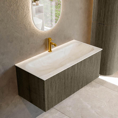 Mondiaz KURVE-DLUX Badkamermeubelset - 100x46x40cm - 1 lade - wastafel solid surface - midden - 1 kraangat - Shadow