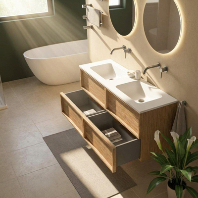 Saniclass Holz Frame Ensemble de meubles de salle de bains - 140x45x77.5cm - lavabo Torino en solid surface blanc - sans trou de robinet - 4 tiroirs - chêne natural mat (bois)