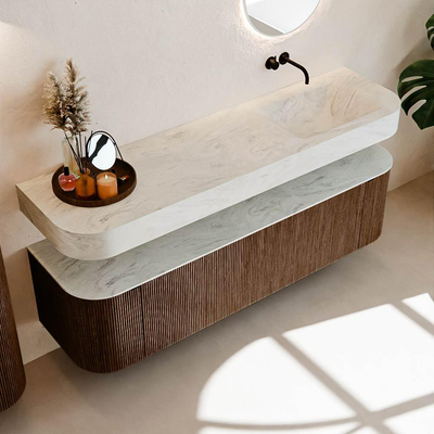 MONDIAZ THOR-DLUX Meuble de salle de bains - 170cm - arrondi gauche + droite - couleur Walnut - 1 tiroir et 2 portes - Vasque suspendue CLOUD Droite sans trou de robinet - couleur Opalo