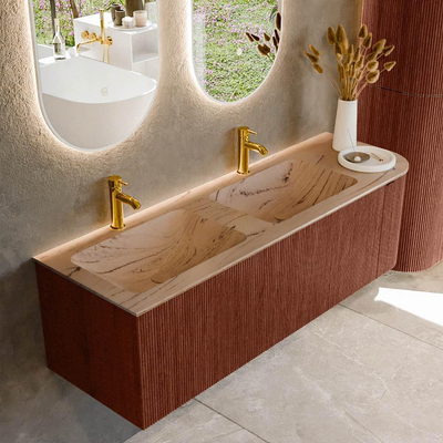 MONDIAZ KURVE-DLUX Meuble de salle de bains 145cm arrondi à droite couleur Ruby avec 1 tiroir et 1 porte. Lavabo LEAF Double / Gauche 2 trous de robinet Arena.