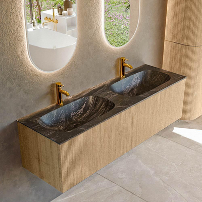 MONDIAZ KURVE-DLUX Meuble de salle de bains 150cm couleur Oak avec 2 tiroirs. Lavabo STOR SMALL double 2 trous de robinet couleur Lava.