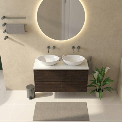 Saniclass Holz Atelier Ensemble meuble de salle de bains - 120x45x63cm - Plan vasque en marbre Dia poli (blanc) - sans trou de robinetterie - 2 tiroirs - chêne charcoal mat (bois)