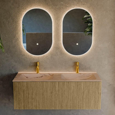 MONDIAZ KURVE-DLUX Meuble de salle de bains 120 cm couleur Dusk avec 1 tiroir et 0 porte. Lavabo LEAF Double 2 trous de robinet Arena.