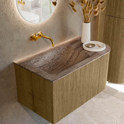 MONDIAZ KURVE-DLUX 85cm badmeubel ronding Rechts kleur Dusk met 1 lade en 1 deur. Wastafel CLOUD Links zonder kraangat Oza.