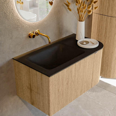 MONDIAZ KURVE Meuble de salle de bains 85 cm avec module 25 R couleur Chêne avec 1 tiroir et 1 porte. Lavabo CLOUD gauche sans trou de robinet Urban.