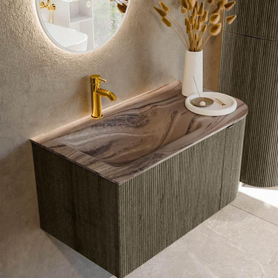 MONDIAZ KURVE-DLUX Meuble de salle de bains 85cm arrondi à droite couleur Shadow avec 1 tiroir et 1 porte. Lavabo CLOUD à gauche 1 trou de robinet Sombra.