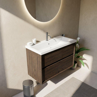 Saniclass Holz Frame Ensemble meuble de salle de bains - 100x45x63.5cm - Lavabo en céramique Bari blanc - 1 vasque - 1 trou de robinetterie - 2 tiroirs - chêne charcoal mat (bois)