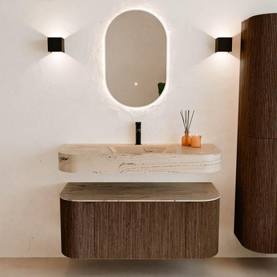 MONDIAZ THOR-DLUX 110cm badmeubel ronding links + rechts kleur Walnut met 1 lade en 2 deuren. Vrijhangende wastafel CLOUD Midden 1 kraangat kleur Arena.