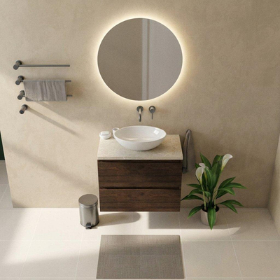 Saniclass Holz Pure Ensemble meuble de salle de bains - 80x45x63cm - plan de travail en pierre naturelle travertin - sans trou de robinetterie - 2 tiroirs - chêne charcoal mat (bois)