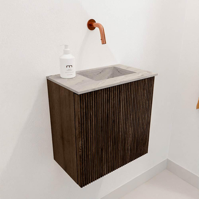 Mondiaz JOYA-DLUX 40cm toiletmeubel - kleur Walnut - Wastafel FAYE positie Rechts Zonder kraangat kleur Glace.