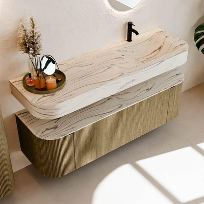 MONDIAZ THOR-DLUX 150cm meuble de salle de bains arrondi gauche + droite couleur Dusk avec 1 tiroir et 2 portes. Vasque suspendue CLOUD Droite 1 trou de robinet couleur Nata.