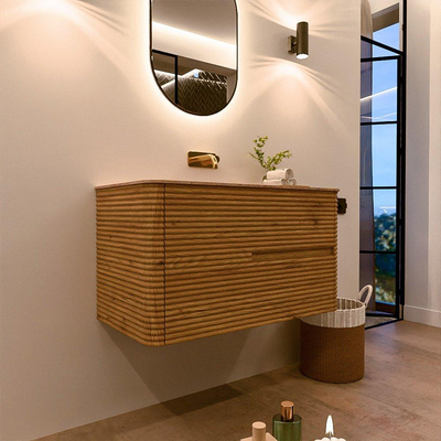 Mondiaz CIRO-DLUX Badkamermeubelset - 90x45x50cm - Solid surface wastafel Saba - 1 wasbak Midden - zonder kraangaten - 2 lades - Oak