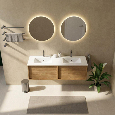 Saniclass Holz Frame Ensemble de meubles de salle de bains - 140x45x42cm - lavabo Vygo en céramique blanc - 2 vasques - 2 trous de robinet - 2 tiroirs - chêne natural brillant (bois)