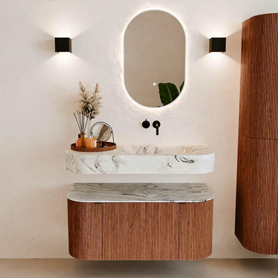 MONDIAZ THOR-DLUX Meuble de salle de bains - 100cm - arrondi gauche + droite - couleur Ruby - 1 tiroir - 2 portes - Vasque suspendue CLOUD droite sans trou de robinet - couleur Glace