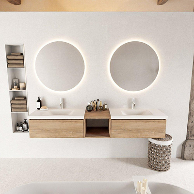MONDIAZ BUKLA 200cm ensemble de meuble avec module ouvert 40 couleur Chêne blanchi avec 2 tiroirs. Lavabo CLOUD double 2 trous de robinet couleur Talc.