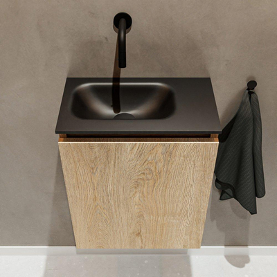 MONDIAZ TURE Kit lave-mains - 40x23x50cm - 0 trou de robinet - 1 porte - chêne blanchi mat - Lavabo à gauche - Solid Surface Noir