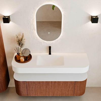 MONDIAZ THOR 140cm meuble de salle de bains arrondi gauche + droite couleur Ruby avec 1 tiroir et 2 portes. Vasque suspendue CLOUD Milieu 1 trou de robinet couleur Talc.