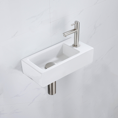 QeramiQ Fuente Ensemble lave-mains - 37.5x18.5x9cm - céramique - trou de robinet à droite - robinet de lave-mains inox brossé - bonde - siphon bas - Blanc mat