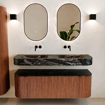 MONDIAZ THOR-DLUX 140cm meuble de salle de bains arrondi gauche + droite couleur Ruby avec 1 tiroir et 2 portes. Vasque suspendue CLOUD Double sans trou de robinet couleur Lava.