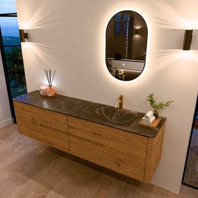 Mondiaz CIRO-DLUX Meuble de salle de bains - 190x45x50cm - Lavabo en solid surface Lava - 1 vasque à droite - 1 trou de robinet - 4 tiroirs - Chêne