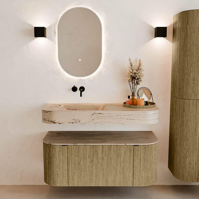 MONDIAZ THOR-DLUX Meuble de salle de bains 110cm arrondi gauche + droite couleur Dusk avec 1 tiroir et 2 portes. Vasque suspendue CLOUD Gauche sans trou de robinet couleur Arena.